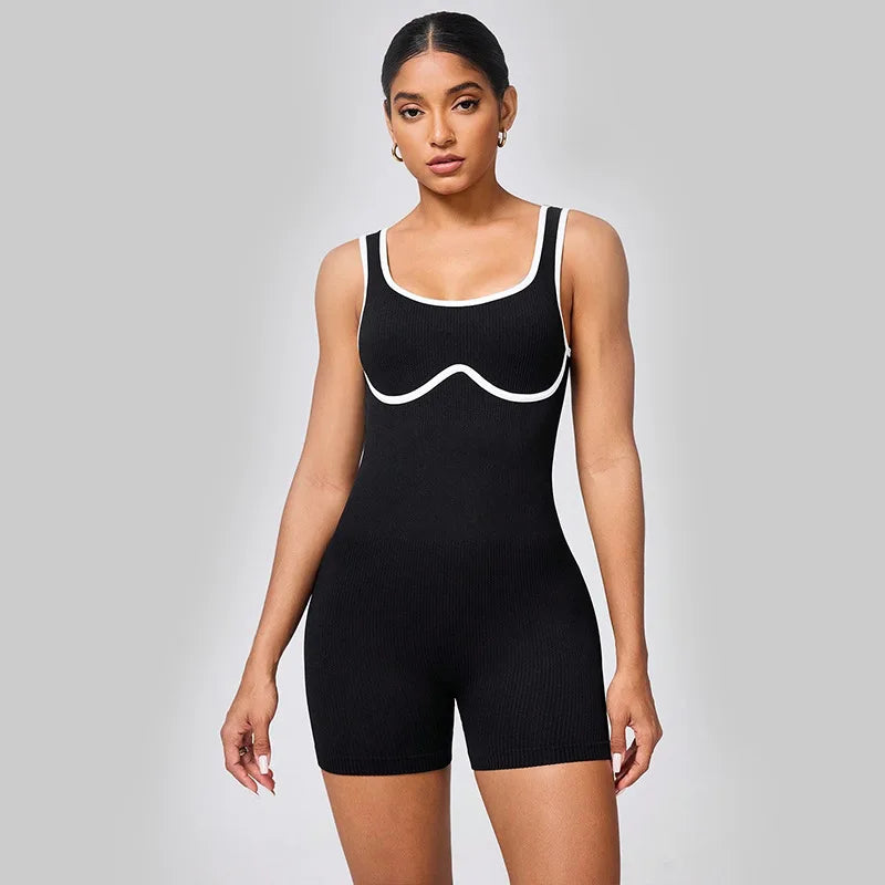 Seamless Ribbed Yoga Set for Running Dancing Fitness Color Blocked Jumpsuit