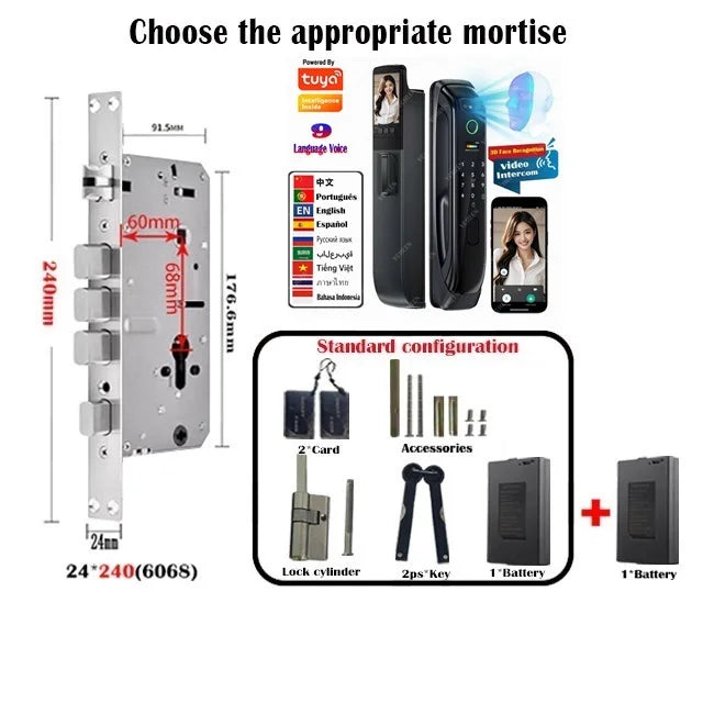 5050 5072 5572 4585 6085 Mortise Tuya WiFi Video Intercom 3D Face Recognition Smart Lock Biometric Camera Auto Keyless Lock