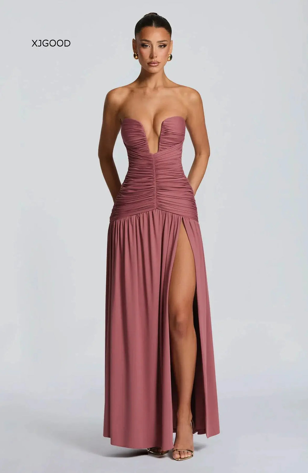 Women's Strapless Pleated High Slit Long Skirt Sexy Pure Color mid Waist Polyester Fiber V-neck Sleeveless Slim Fit Dress
