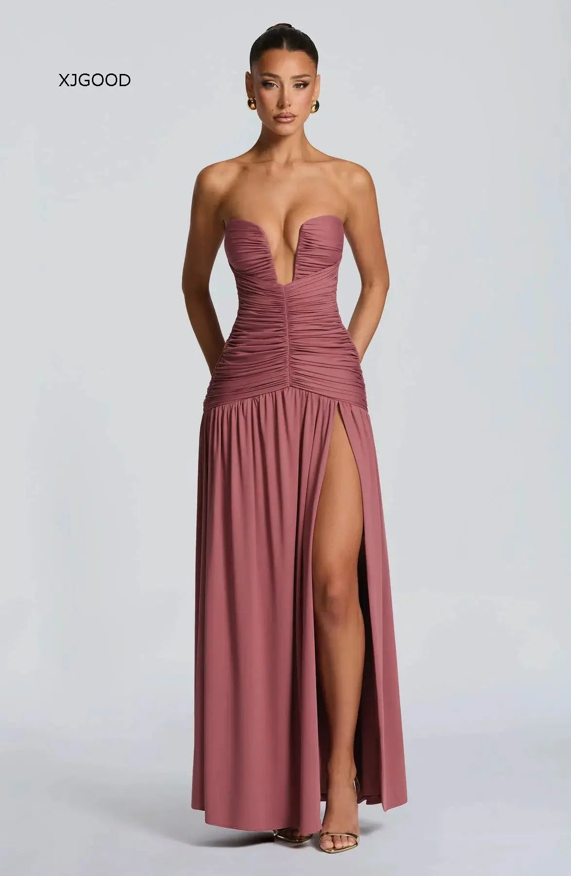 Women's Strapless Pleated High Slit Long Skirt Sexy Pure Color mid Waist Polyester Fiber V-neck Sleeveless Slim Fit Dress