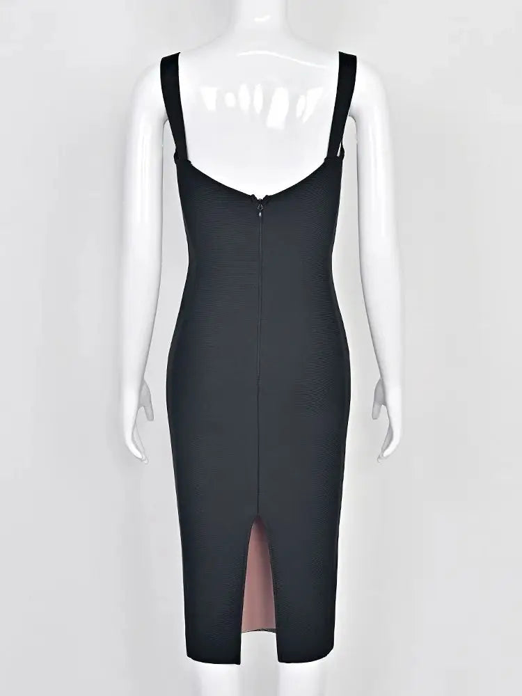 BEAUKEY Sexy Vintage Black Bandage Dress 2025 For Women Summer Draped Spaghetti Split Contrast Bodycon Dress XL Paded Vestido
