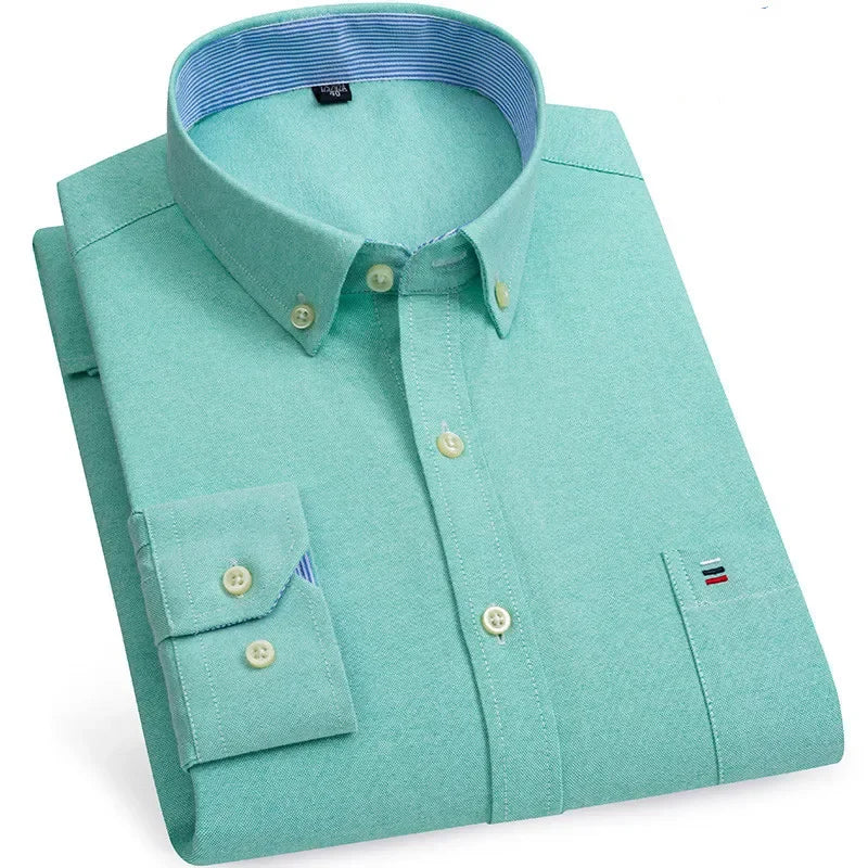 Men's 100% Cotton Smart Casual Shirt Long Sleeve Plaid Oxford Casual Solid Color Print Regular Fit Dress Shirt Oversized  6XL