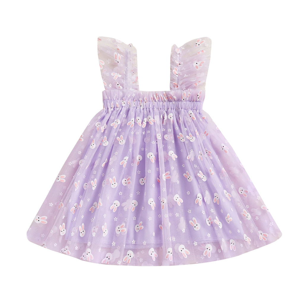 Toddler Baby Girls Easter Tulle Dress Cute Carrot/Rabbit Print Ruffled Flying Sleeve Mesh Dress for Summer Casual Clothes