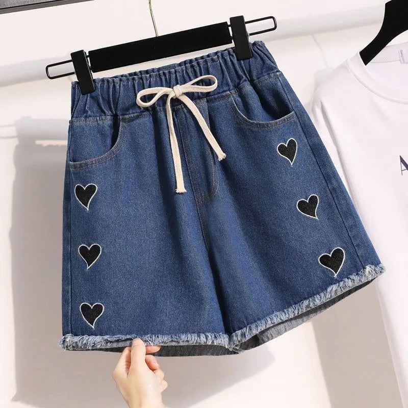 Denim Shorts for Women Korean Style Young College Girls Clothing Summer Elastic Waist Fashion Soft Loose Streetwear Chic Pockets