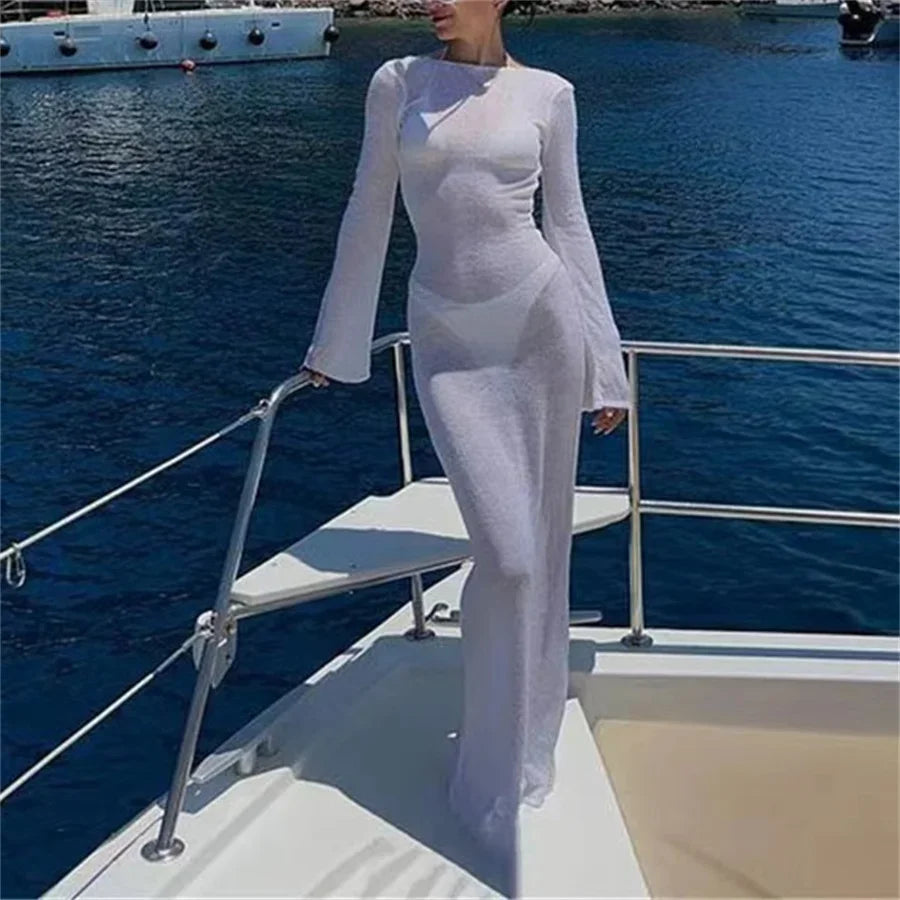 Women Summer Mesh Wrapped Dress Long Sleeve Round Neck See Through Sunscreen Solid Color Backless Beach Long Dress