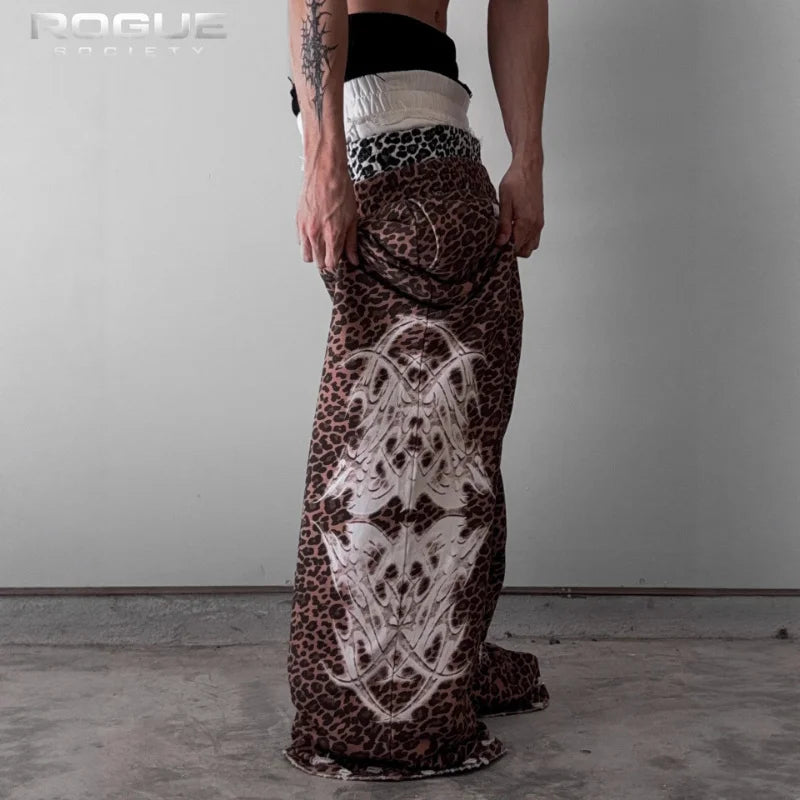 Summer Y2K Streetwear Leopard Print Wide Leg Pants Men Gothic Tribal Pattern Waist Casual High Stree Harajuku Hip Hop Trousers