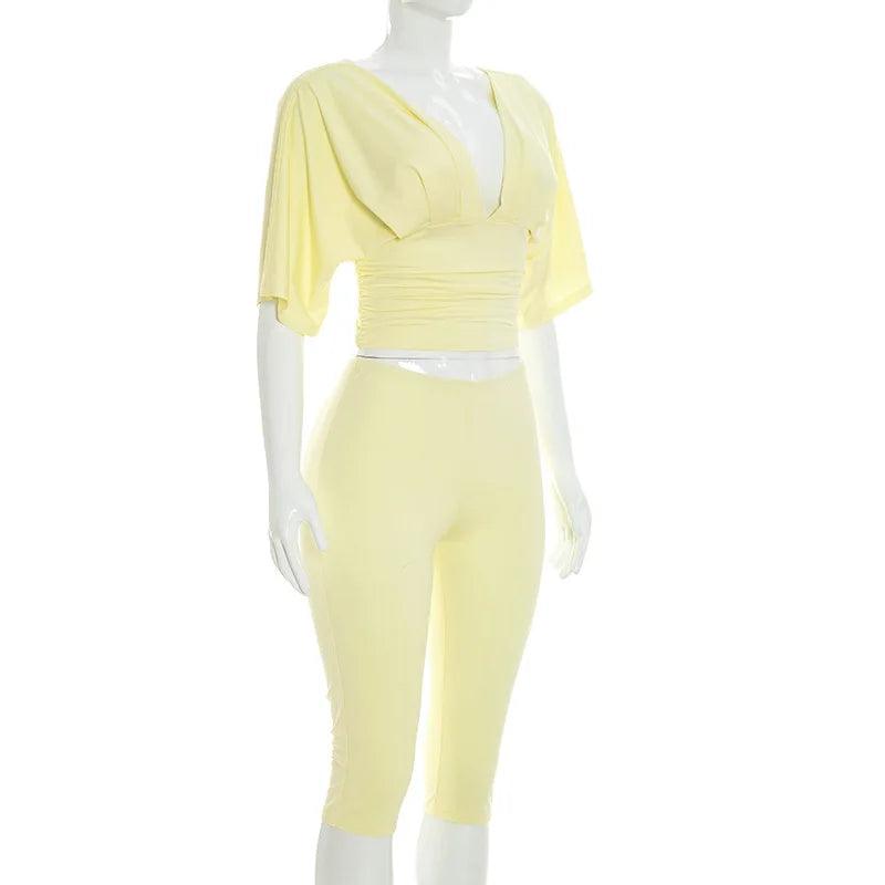 STYLISH LADY Y2K Solid Color Two Piece Set Batwing Sleeve Ruched Top Capri Pants 2026 Women Bodycon Vacation Party Outfits