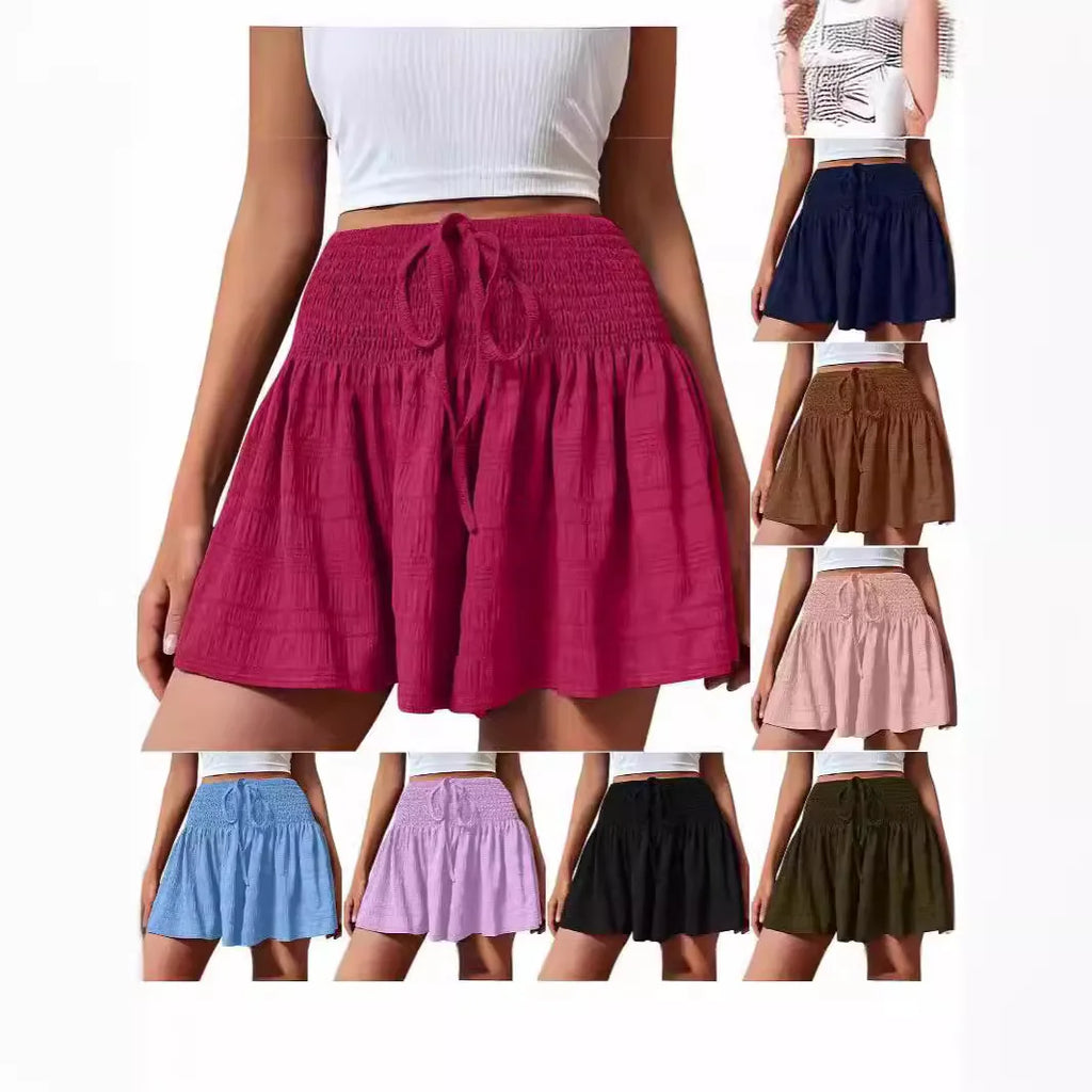 Women Casual High Waist Shorts Skirt Smocked Elastic Drawstring A-Line Flowy Short Skirt Pants Summer Solid Color Beach Skorts