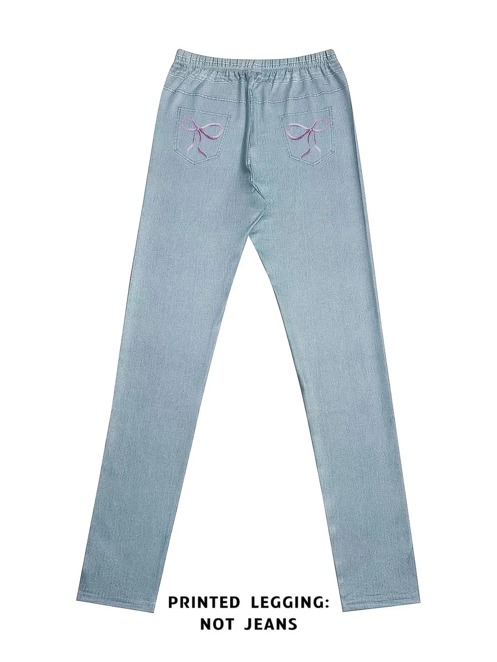 Printed Legging‑Not Denim Fabric All‑over Faux‑Denim Printed Long Pants with Faux Pocket and Button Print Details. New‑Arrival