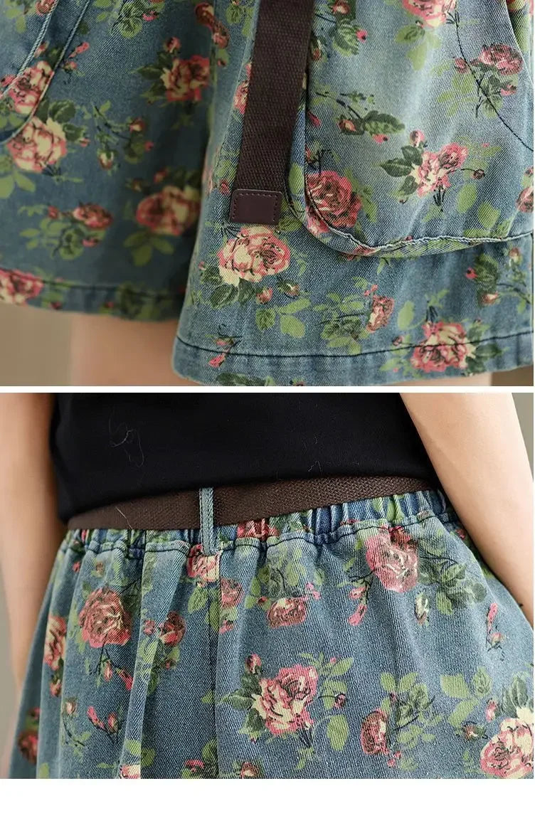 Retro Floral Printed Denim Wide-leg Shorts Women Summer Latest Fashion Baggy Big Size Girl Thin Elastic Waist Jean Short Pants