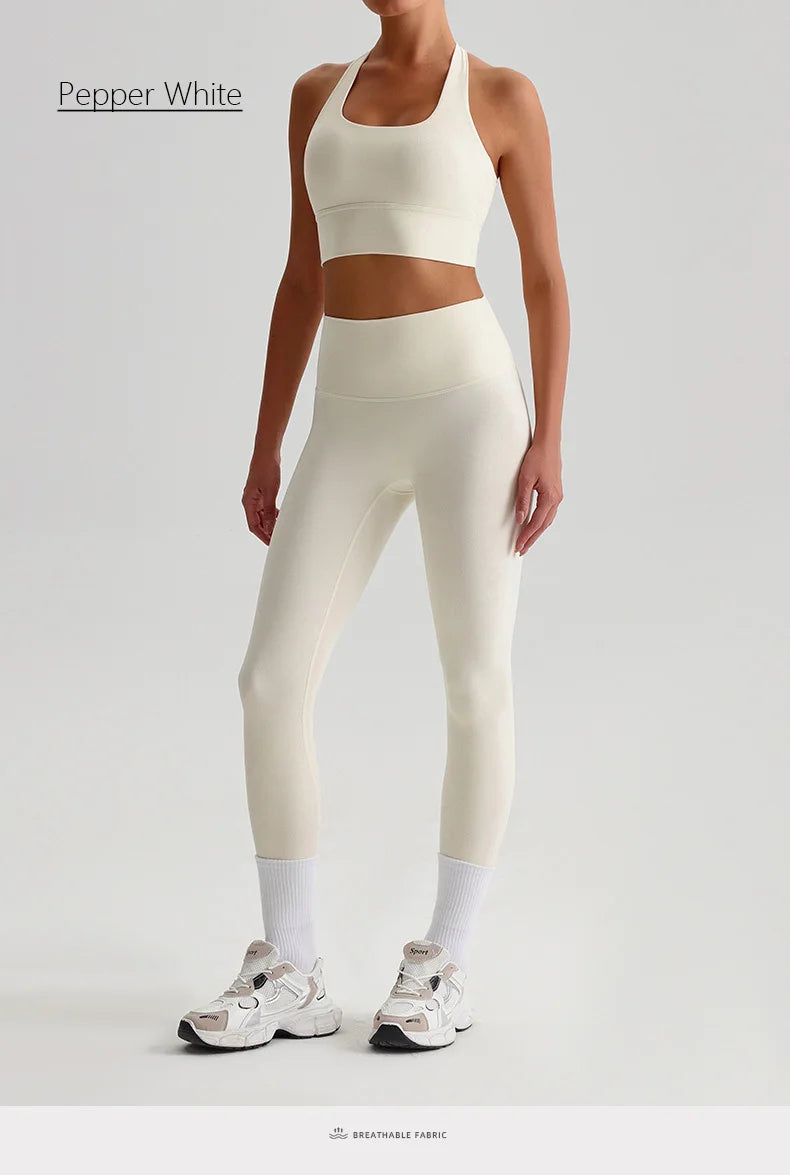 Naked Feel Yoga Set Women Fitness Sportswear 2 Piece Strappy Sports Bra High Waist Gym Leggings Workout Outfit Active Wear