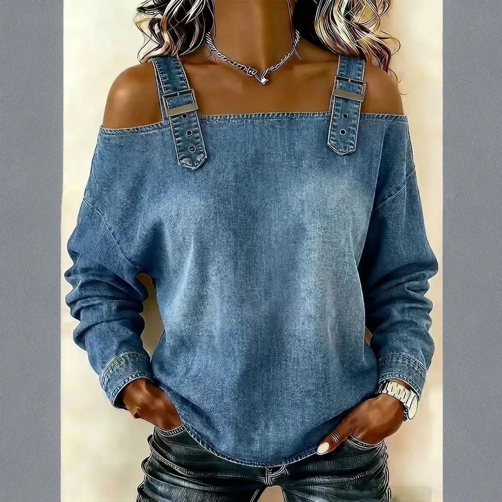 Women's Denim Top, Stylish Off-the-shoulder Long-sleeved Top with Shoulder Straps, Elegant and Versatile Denim Shirt, Streetwea