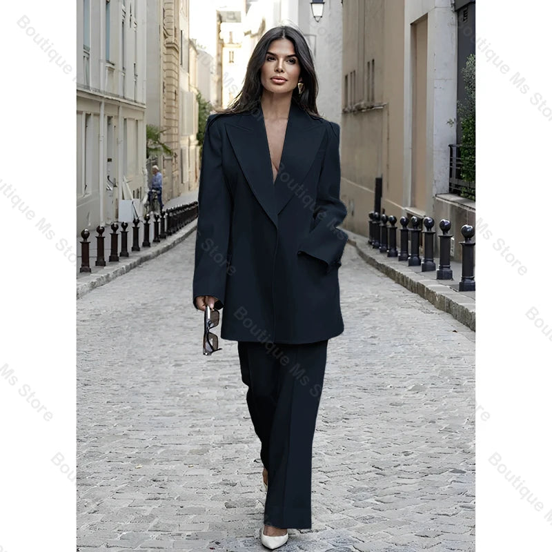 Chic Loose White Single Breasted Women Pants Set New Female Two Pieces(Blazer+Trousers) conjuntos femininos elegantes