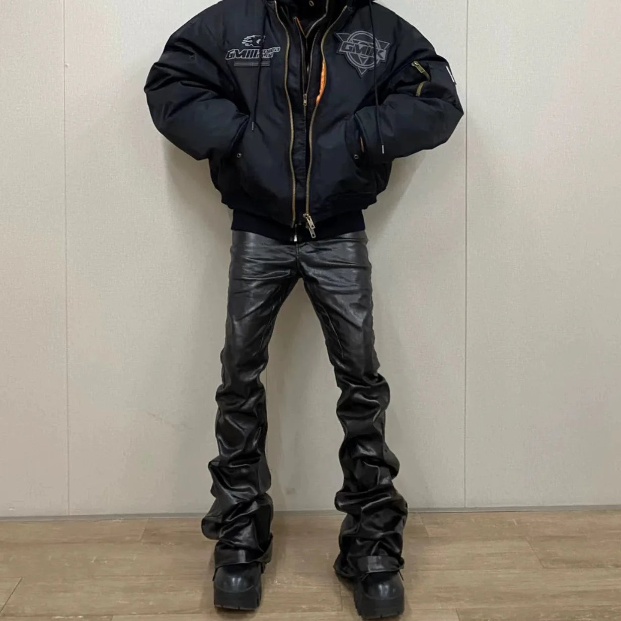 2025 Coated Shiny Hip Hop Punk Stacked Jeans Man Patent Leather Vintage Wide Leg Straight Flared Jeans