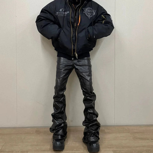 2025 Coated Shiny Hip Hop Punk Stacked Jeans Man Patent Leather Vintage Wide Leg Straight Flared Jeans
