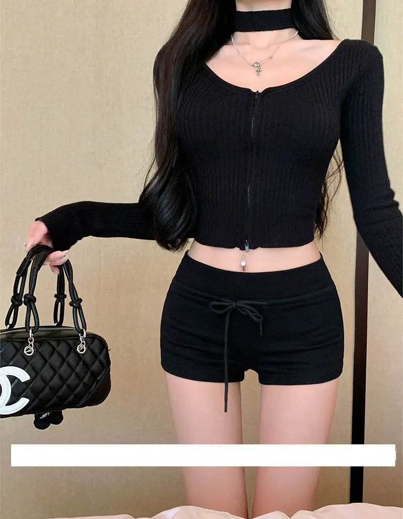 1pcs Spring Summer Women Slim Fit  Elasticity Short Female Low Waist Workout Shorts Black Lady Casual Drawstring Tight Hot Pant