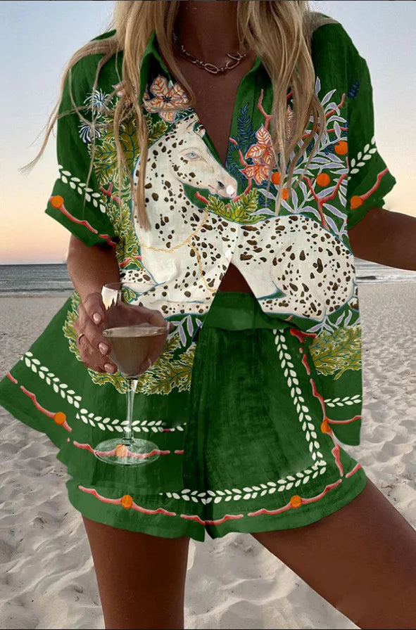 Fashion Print Beach Holiday 2-Piece Set Women Summer Short Sleeve Shirt Top + Wide Legs Short Women's Oversized Two-Piece Outfit