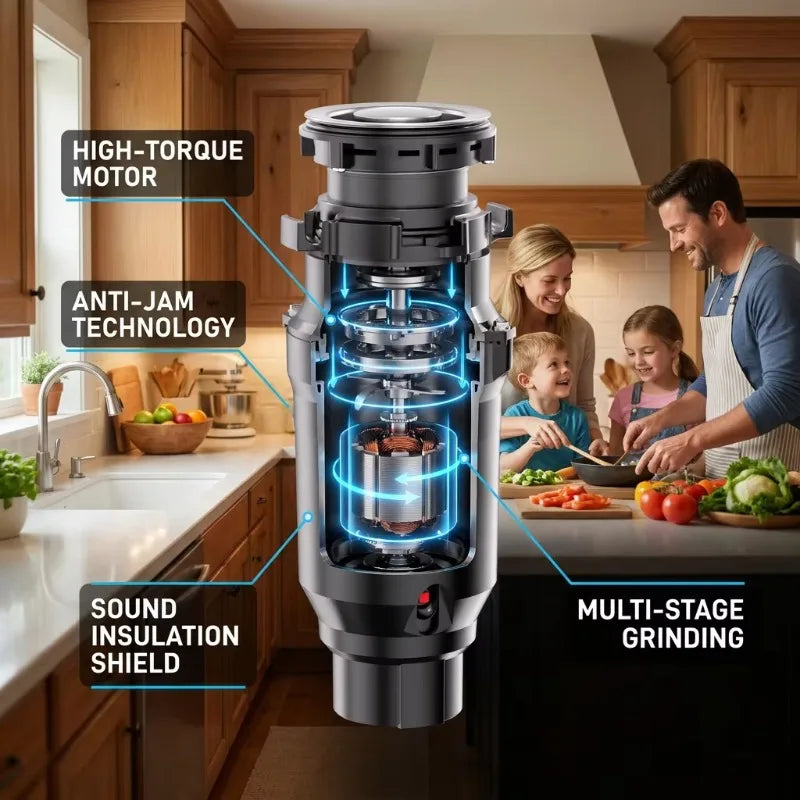 Airo Electric Compact 0.5 HP Continuous Kitchen Garbage Disposal Economic Silent Food Waste Disposer Stainless Steel Home