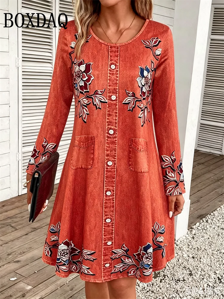 2026 Women's Casual Floral Imitation Denim 3D Print Dress Fashion Round Neck Autumn Loose A-Line Dress Long Sleeve Women's Dress