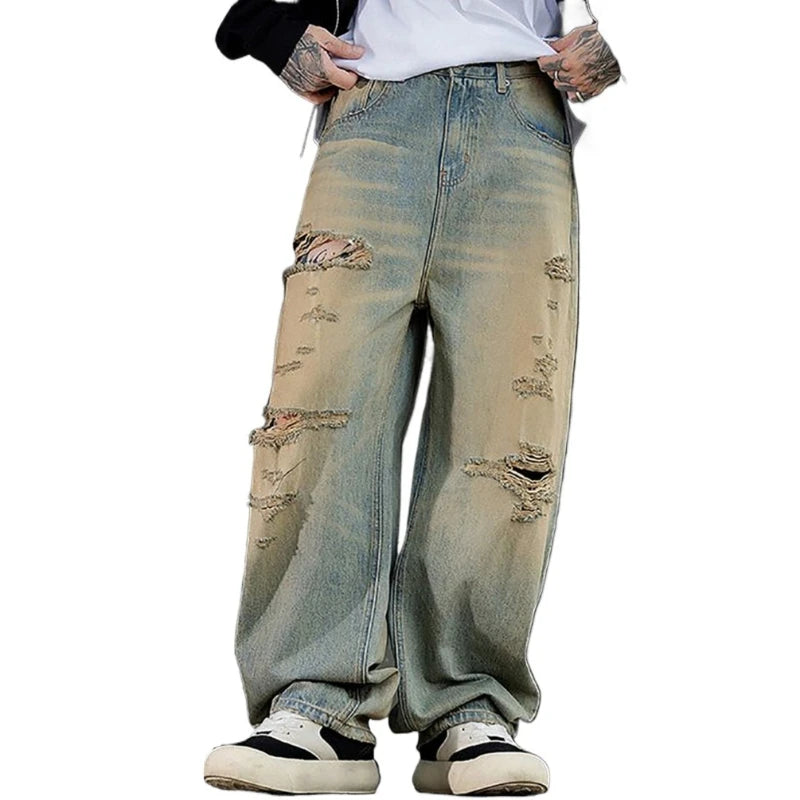 Fashionable Ripped Men's Jeans High Street Vintage Washed Pure Cotton Denim Pants Loose Straight Leg Casual Daily Male Trousers