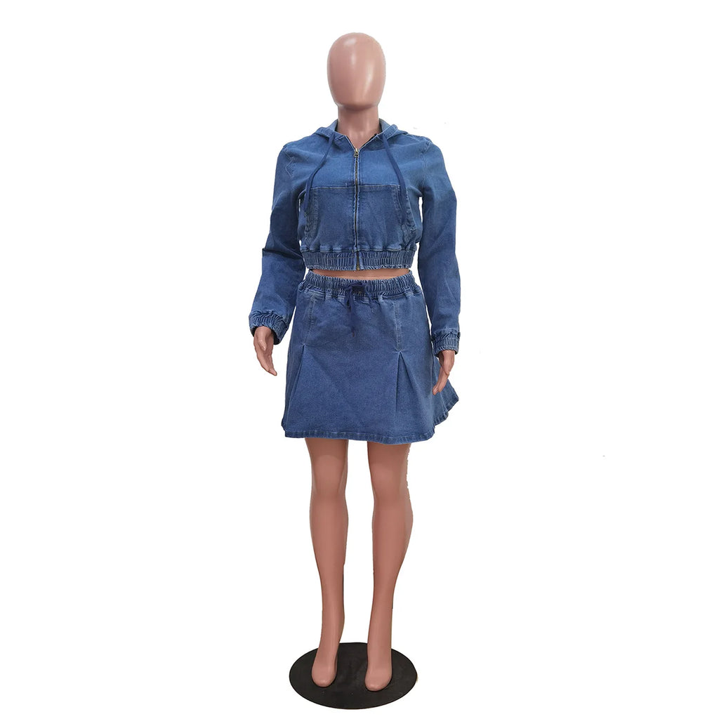 New TS1325 Women's Casual Washed Denim Short Skirt Set Fashionable Autumn Season Leisure Style Unisex Work Uniform Student Sc...