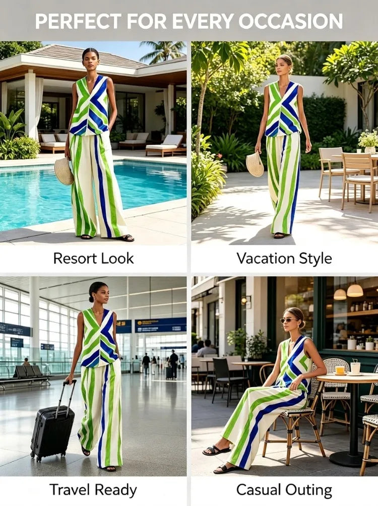 UOOZEE 2026 New Boho Vacation 2 Piece Set Women Fashion Contrast Color Striped V-Neck Tank & Elastic High Waist Wide Leg Pants