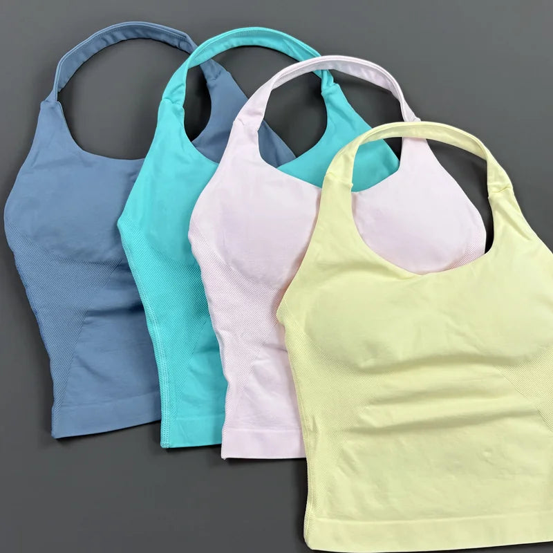 HISTELLO Impact Halter Top Women Gym Clothing Backless Seamless Sports Yoga Vest Running Fitness Workout Sleeveless Tank Top