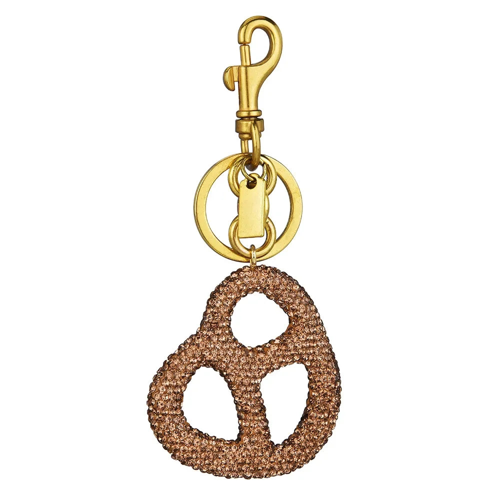 Rhinestone Pretzel Bag Charm Keychain Crystal Gold Hardware Sparkly Purse Pendant Accessory Cute Funny Foodie Gifts For Friends