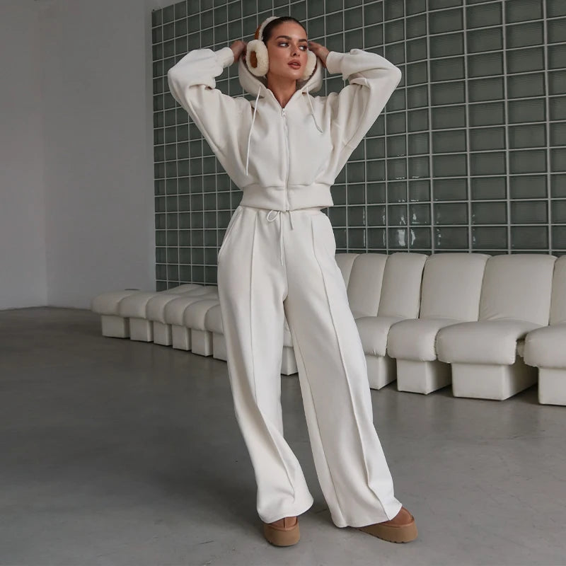 Casual Hooded Coats Long Pants Sets Women's Full Sleeve Draw-string Zipper Tops Wide-leg Trousers 2026 New Ladies Spring Outwear