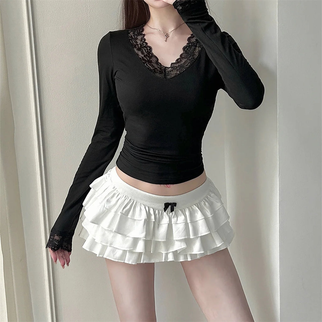 Sexy V-Neck Long Sleeve T-Shirt Women Fashion Lace Patchwork Solid Color Bottoming Shirt Spring Summer Stretch Slimming Base Tee