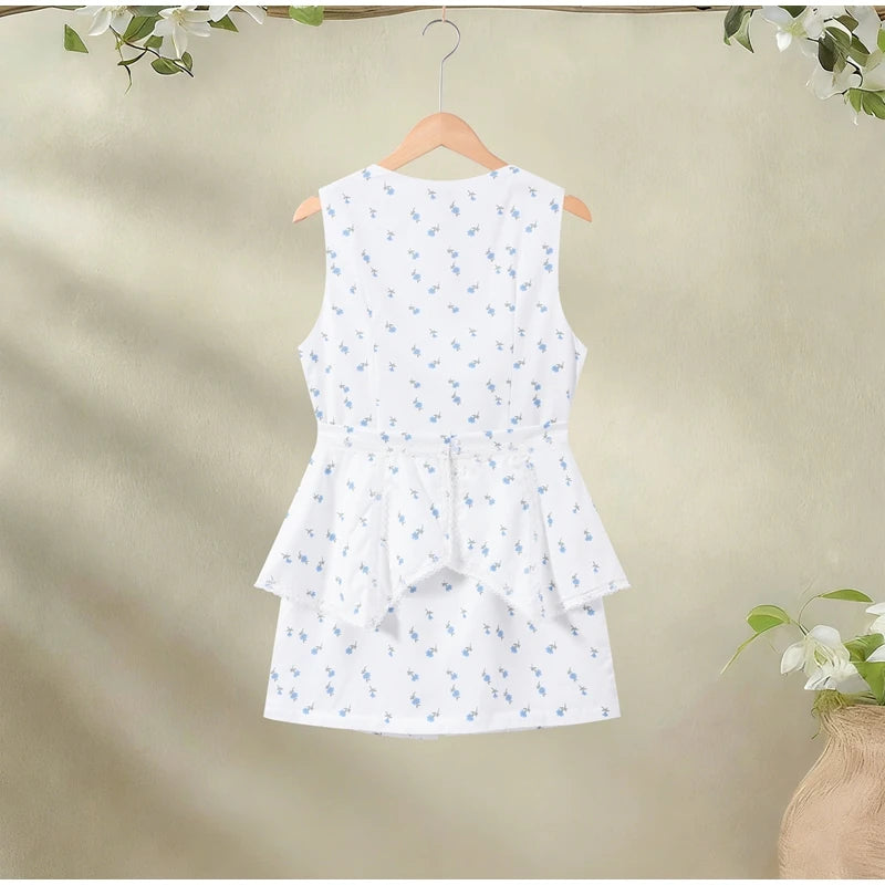 Elegant Printed Women's Dress Sleeveless Square Collar Waist-Closed Lady Mini Dresses With Waist Tape 2026 Summer Robe New