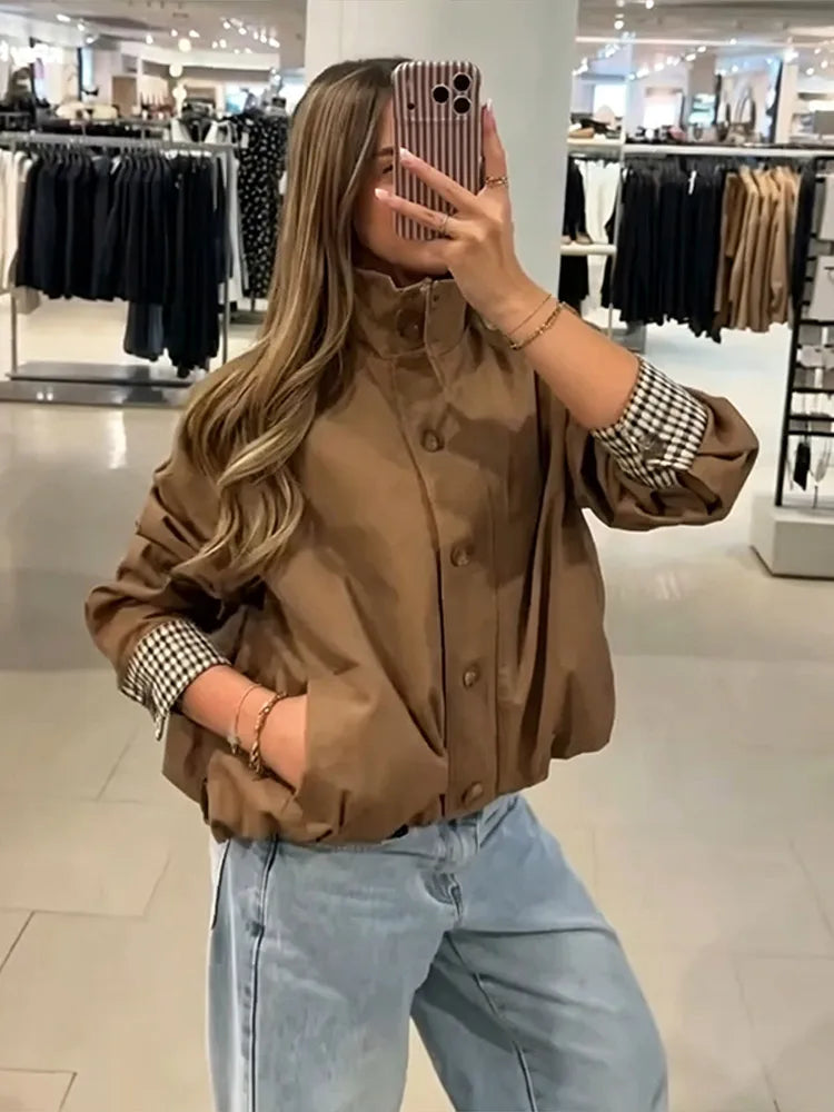 Elegant Plaid Patchwork Women's Jacket Loose Full Sleeve Stand Collar Single Breasted Outwear Female 2026 Fashion Autumn Outwear