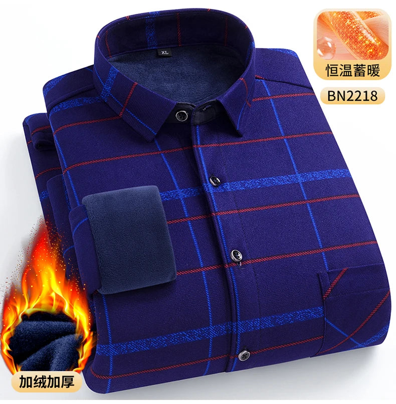 Men's Warm Long-Sleeved Shirt with Double-Sided Fleece, Winter Casual, Cold-Resistant, Street Fashion, Comfortable and Versatile