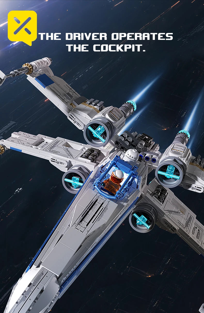 KAVOWORLD X-Wing Space Fighter Jet Building Blocks Toys Set with Pilot High-Technical Linked Wing Transformable Aircraft Model with LED Lights Retractable Landing Gear Spaceship Toy for Adults Birthday Christmas Gift for Spac