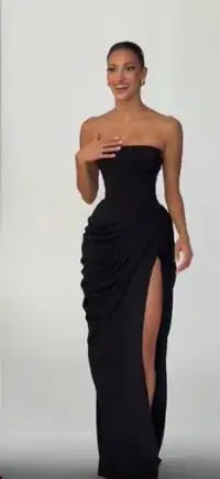 Yellow Strapless Pleated Dress Women Elegant Sexy Sleeveless Waist Cinching Split Maxi Gowns 2026 Lady New Evening Party Dresses