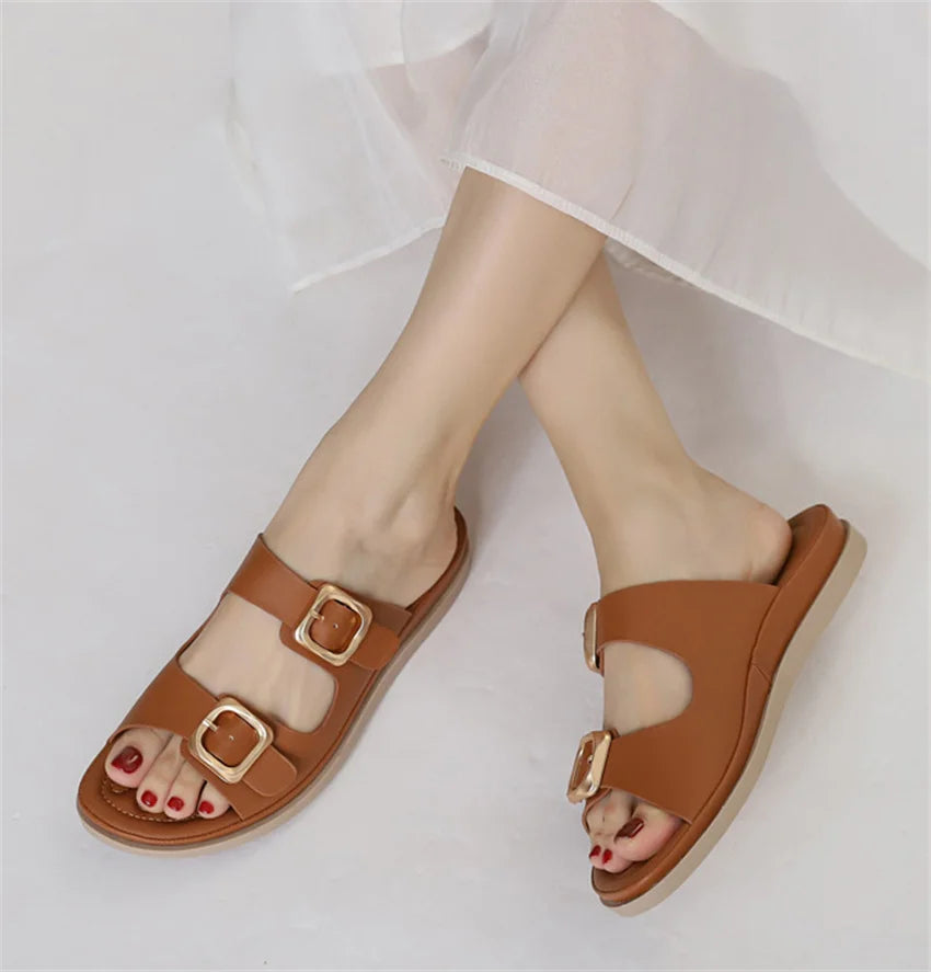 Casual Slippers Women PU Leather Open Toe Double Buckle Flat Summer Outdoors Non-Slip Soft Soles Slip On Beach Footwear Slippers