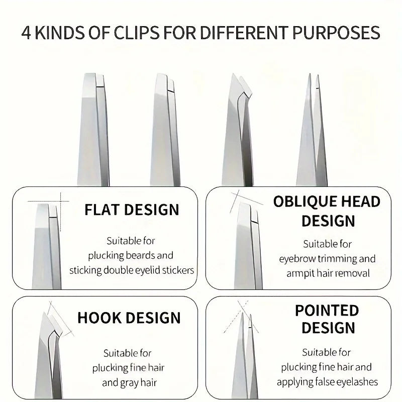 4 Piece Professional Tweezers Set Eyebrow Hair Removal, Beard Plucking, Stainless Steel Angled Tweezers Tools Hair Removal Tool