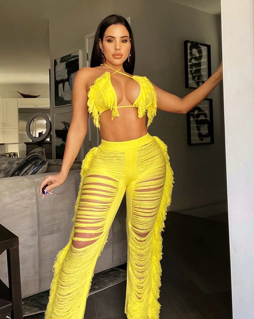 Sexy Women 2025 Knitted Set Two Piece Set Halter Backless Bra Crop Top Pants Crocheted 2 Pieces Set Hollow Out Crochet Beach Set
