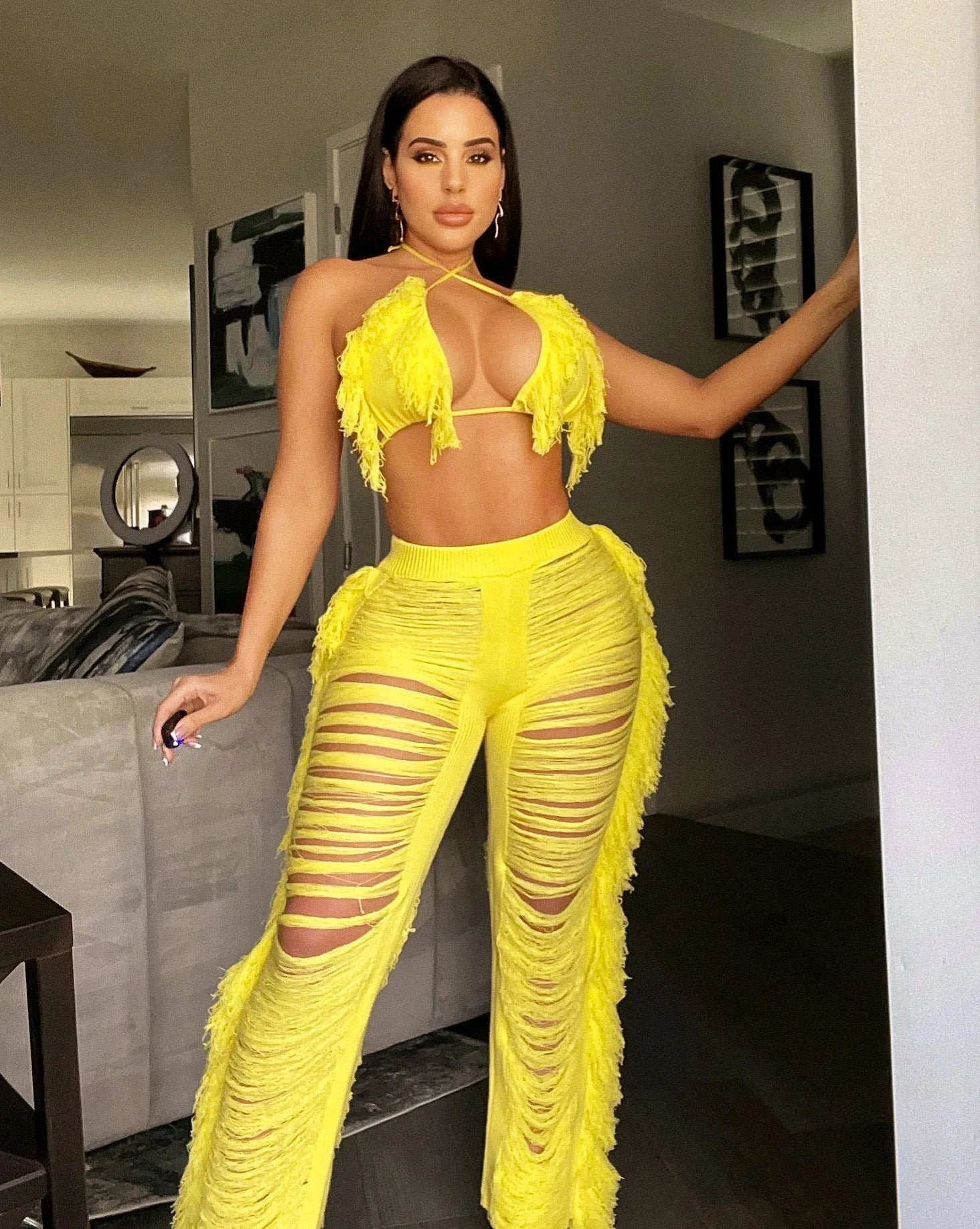 Sexy Women 2025 Knitted Set Two Piece Set Halter Backless Bra Crop Top Pants Crocheted 2 Pieces Set Hollow Out Crochet Beach Set