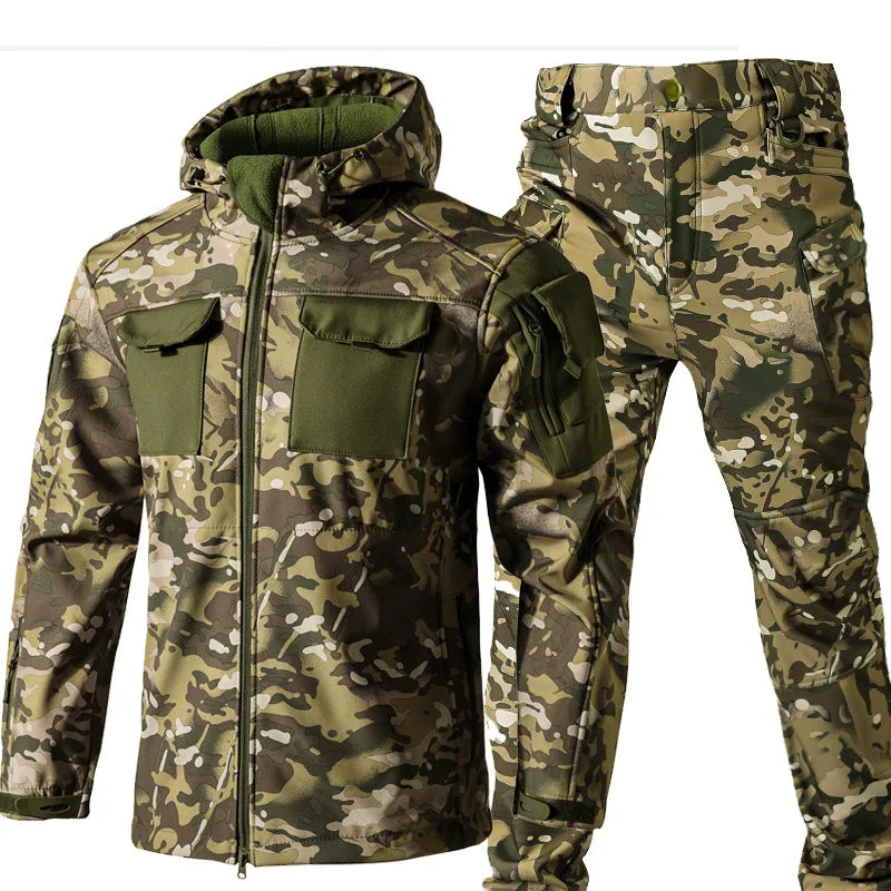 Beetle Invader Shark Skin Softshell Jacket Pants Set Camouflage Tactical Military Suit Waterproof Windproof Fleece Lined Outdoor