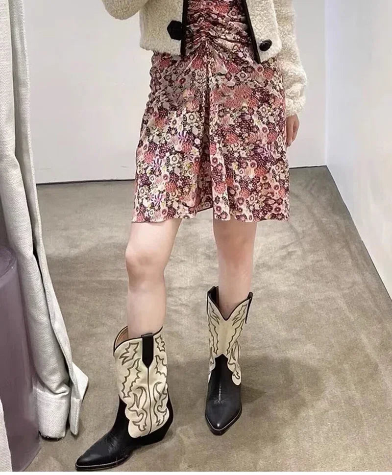 Embroidery Women Western Cowboy Boots Fashion Slip On Thick Heel Knight Long Booties Retro Style Autumn Winter Female Shoes