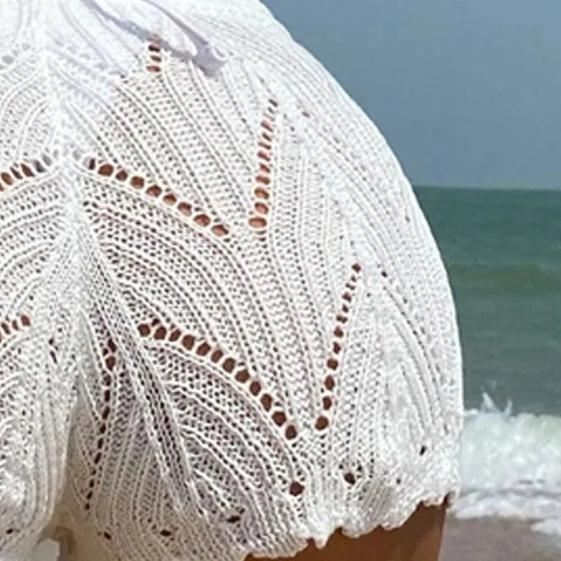 Spring Summer Solid Color Beach Fashion Sexy Hollow Bikini Set with Covered Knit Shorts for Women