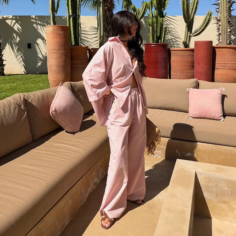 Loose Striped Contrast Wide Leg Pants Set Women Oversized Lapel Single Breasted Shirt Trousers 2026 Summer Lady Casual Outfits