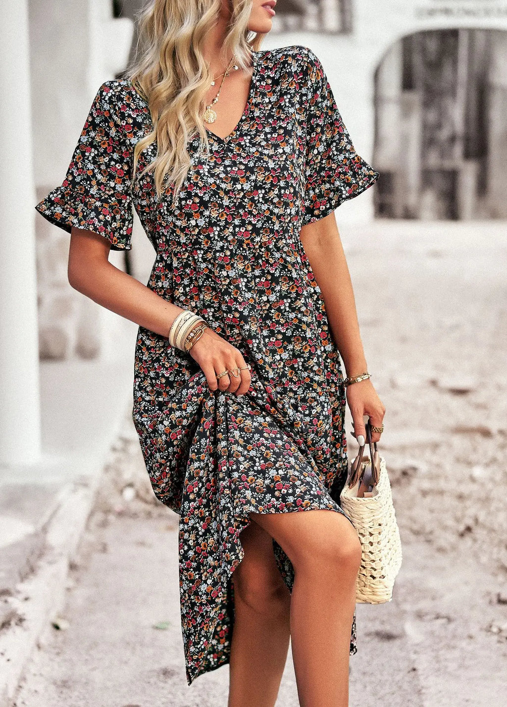Msfilia Fashion V Neck Elegant Printed Dress Women Summer Short Sleeve High Waist A Line Floral Holiday Dresses
