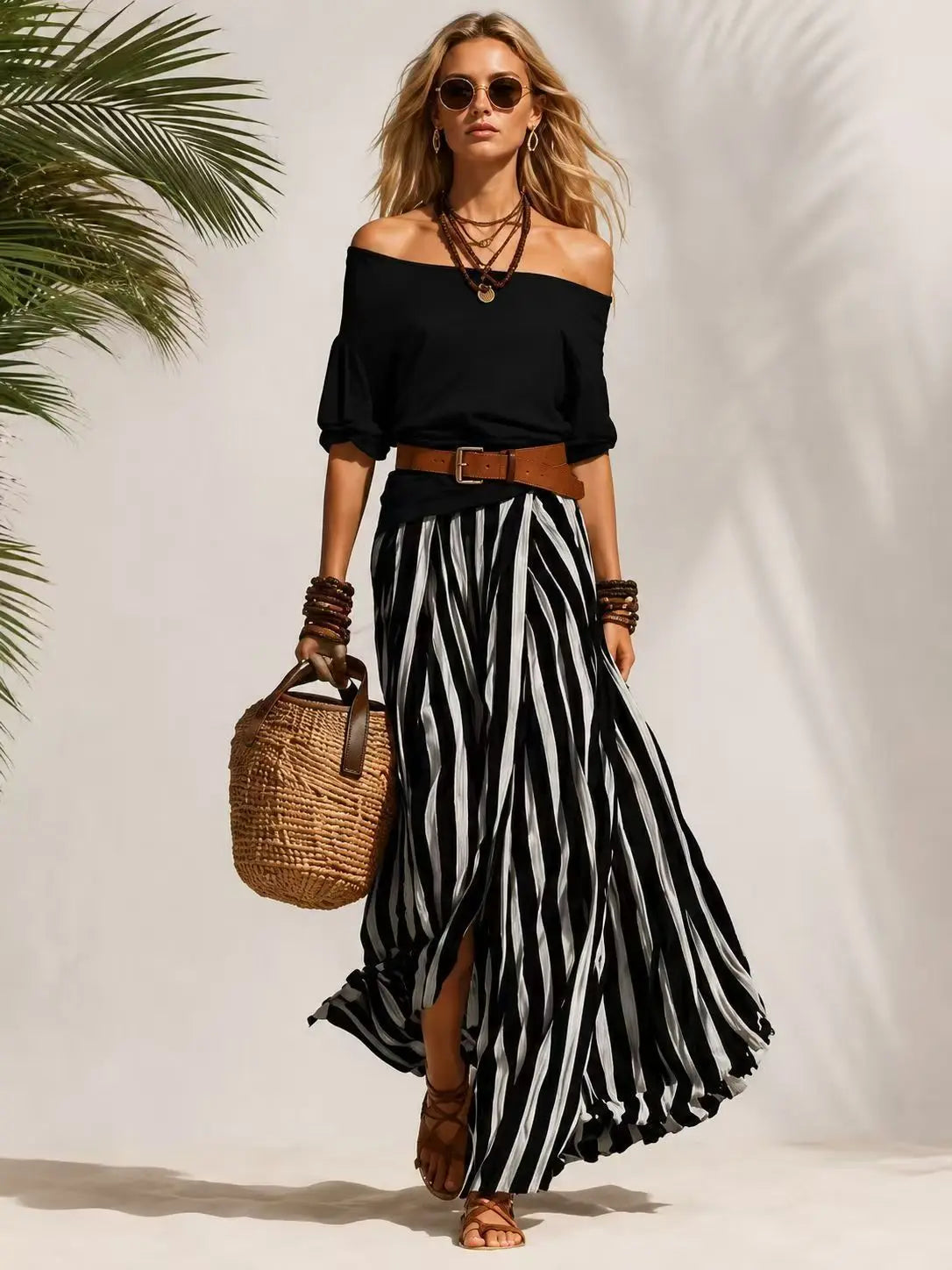 Women Multiple Colors Off Shoulder Puff Sleeve Top Vertical Stripe Flowy Maxi Skirt 2 Piece Outfit Loose Casual Vacation Set