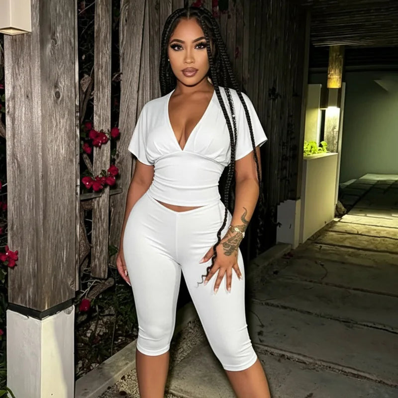 STYLISH LADY Y2K Solid Color Two Piece Set Batwing Sleeve Ruched Top Capri Pants 2026 Women Bodycon Vacation Party Outfits