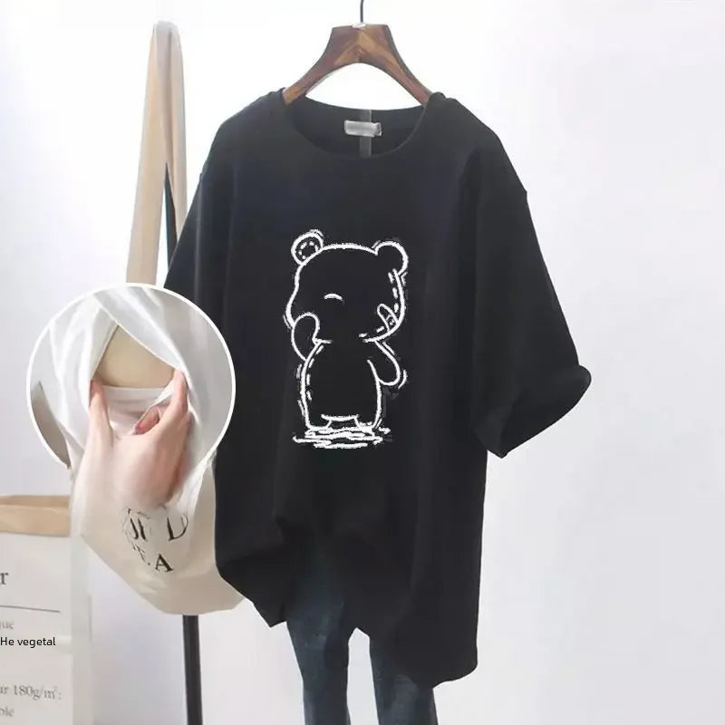 Fashionable Breastfeeding Top Short Sleeve Crew Neck T-shirt Versatile Summer Outdoor Wear For Mothers Simple Top For Feeding