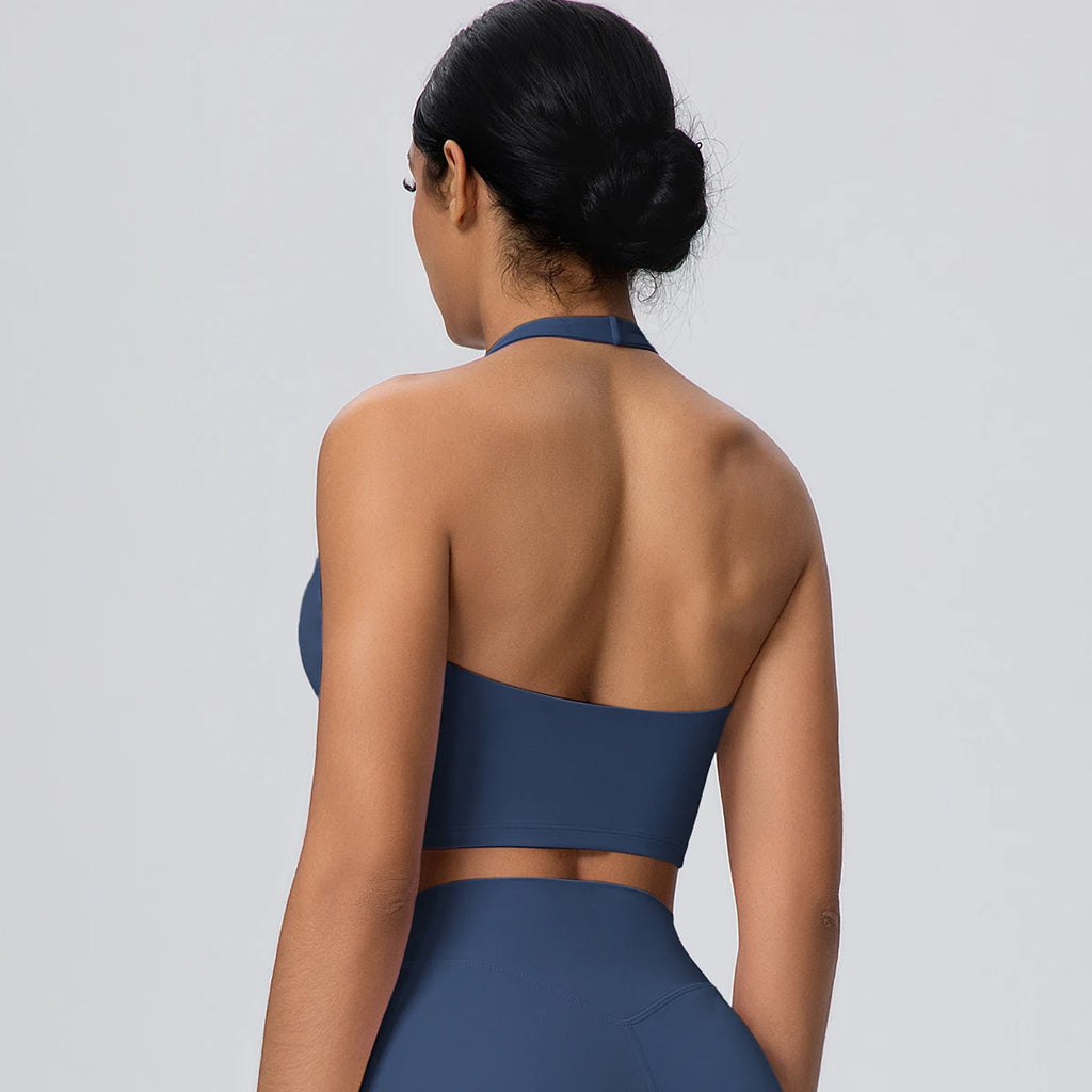 Woman Solid Color Sexy Neck Strap Bra Yoga Underwear With Chest Pad Backless Gather Shockproof Gym Workout Top Sports Yoga Bra