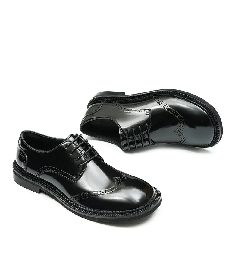 Retro Mens Dress Brogues Shoes Luxury Genuine Leather Round Toe Handmade Fashion Flat Autumn Black Wedding Social Shoes Man 2025
