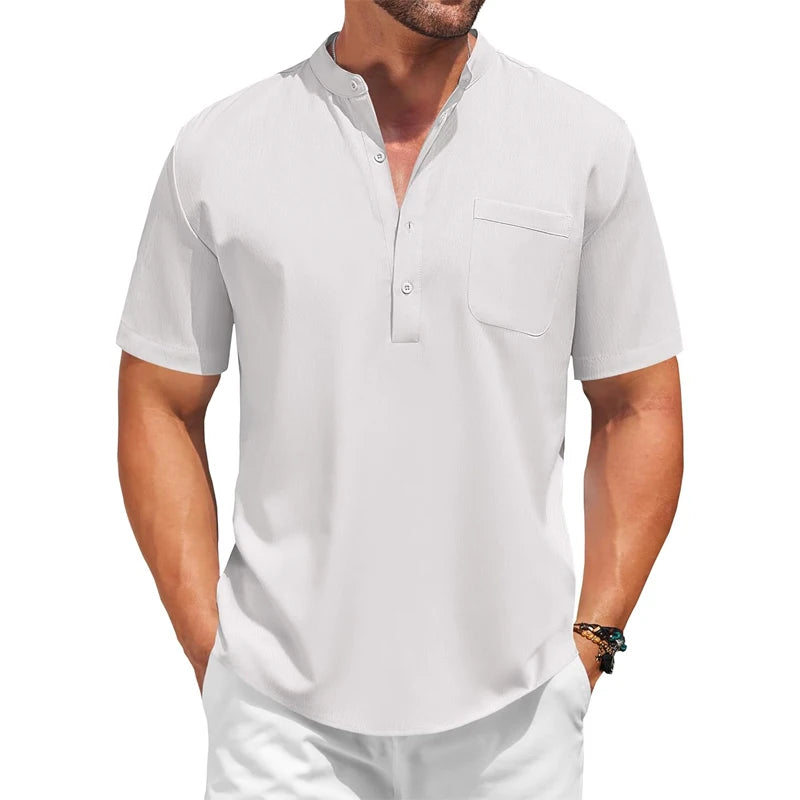 Mens Casual Henley Shirt Summer Short Sleeve Band Collar Cotton Tops Beach Hippie  Tee with Pockets Outdoor Streetwear for Men